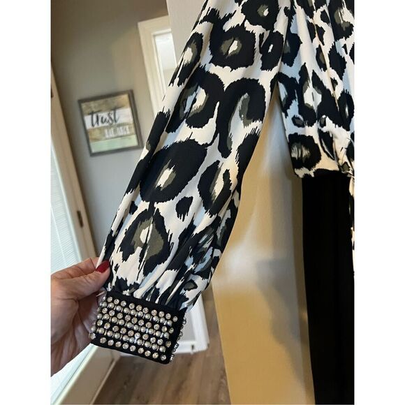 MSK Women’s Size Small Wide Leg Jumpsuit Black White Animal Print Tie Waist - Picture 8 of 12